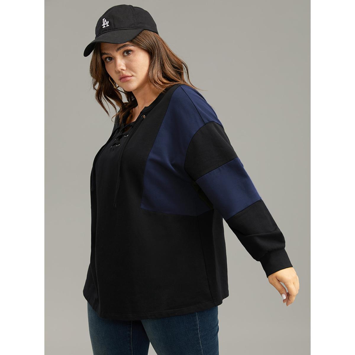 Plus Size Cotton Colorblock Contrast Lace Up Sweatshirt Women Blue Casual Elastic cuffs V-neck Dailywear Sweatshirts BloomChic 22-24/3X Product Image