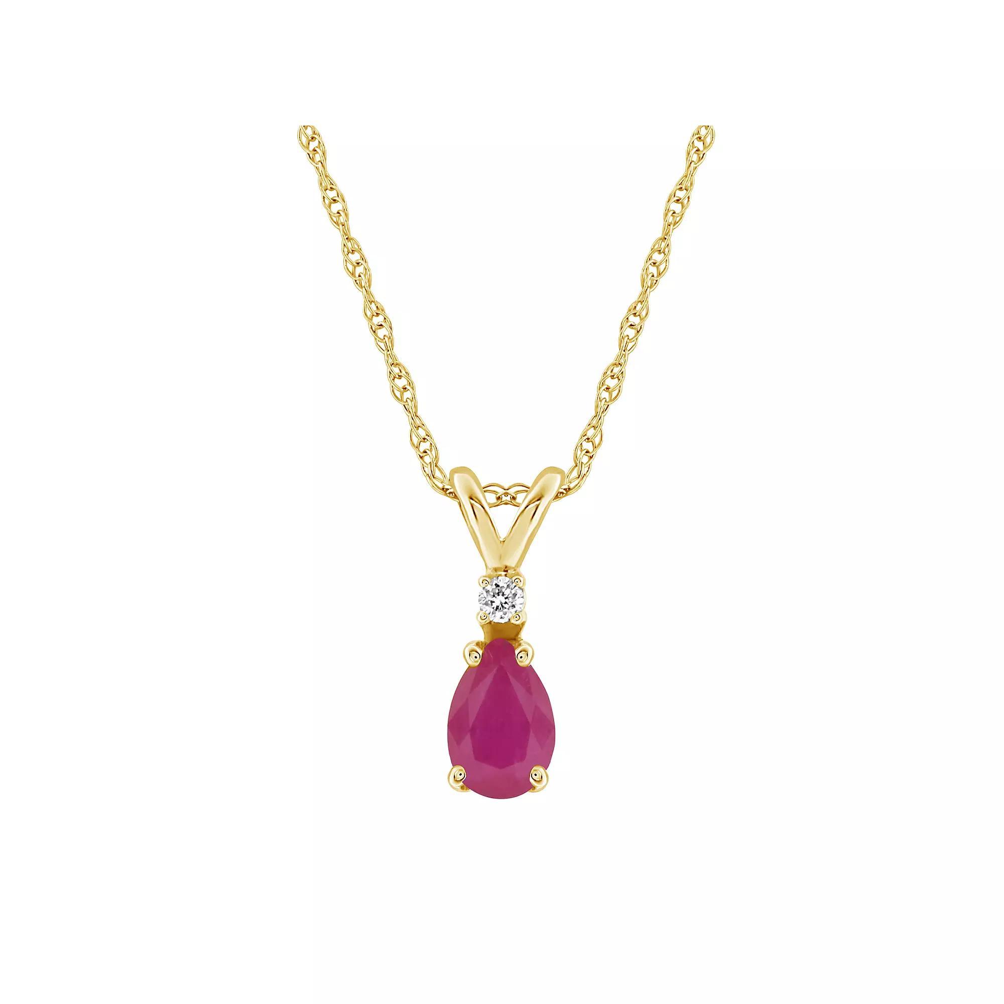 Celebration Gems 14K Yellow Gold Pear-Shaped Gemstone & Diamond-Accent Pendant Necklace, Women's, Size: 18", Red Product Image