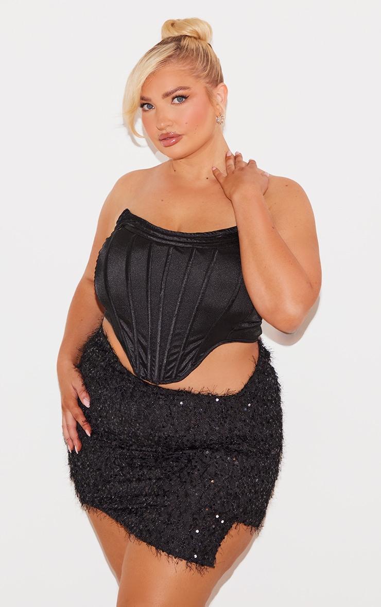 Plus Black Sequin Feather Asymmetric Mini Skirt Product Image