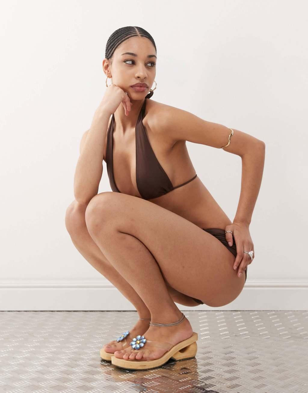 Motel Cerry bead detail bikini top in brown Product Image