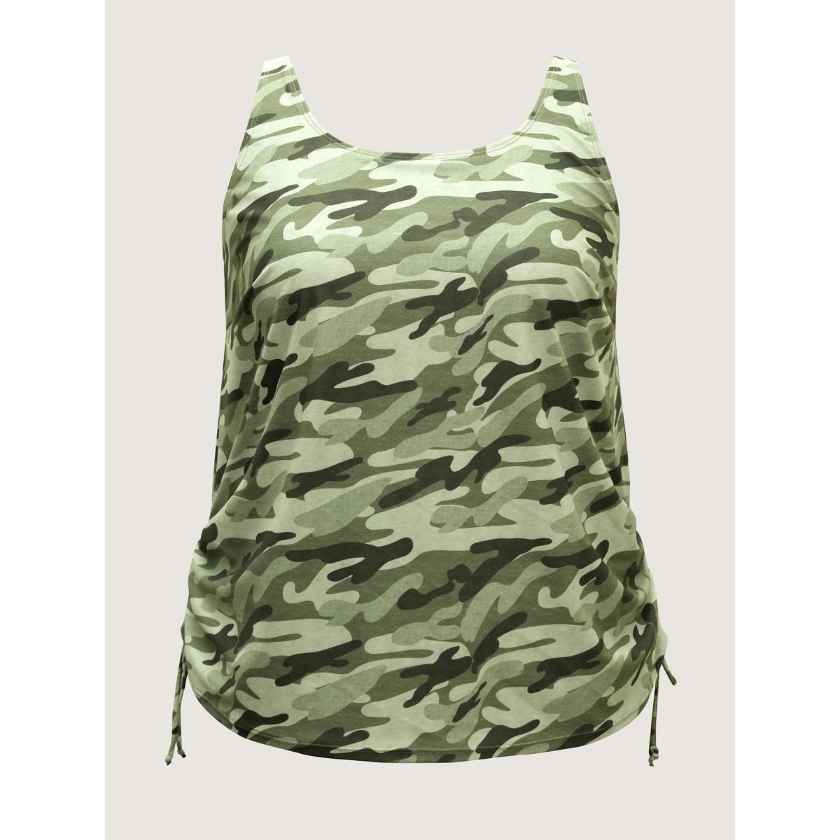 Plus Size Camouflage Print Side Drawstring Swim Top Women's Swimwear ArmyGreen Beach Drawstring High stretch Bodycon U-neck Curve Swim Tops BloomChic 18-20/2X Product Image