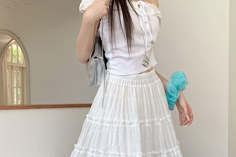Elastic Waist Plain Ruffle Maxi A-Line Skirt Product Image