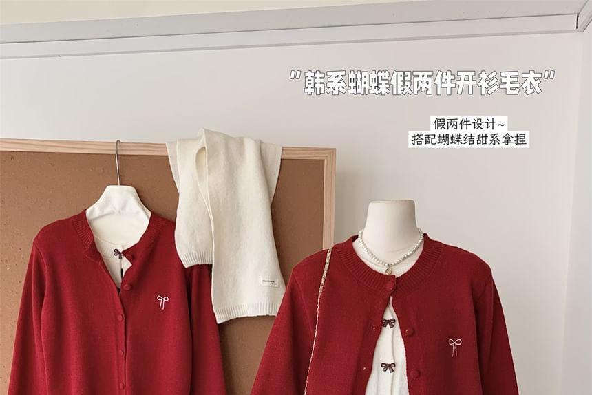 Mock Two-Piece Round Neck Bow Embroidered Cardigan Product Image