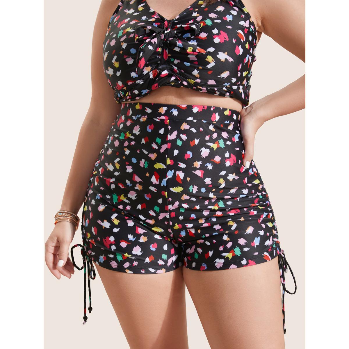 Plus Size Allover Print Drawstring Skinny Swim Bottom Women's Swimwear Black Beach Drawstring High stretch Skinny High Rise Curve Swim Bottoms BloomChic 30/6X Product Image
