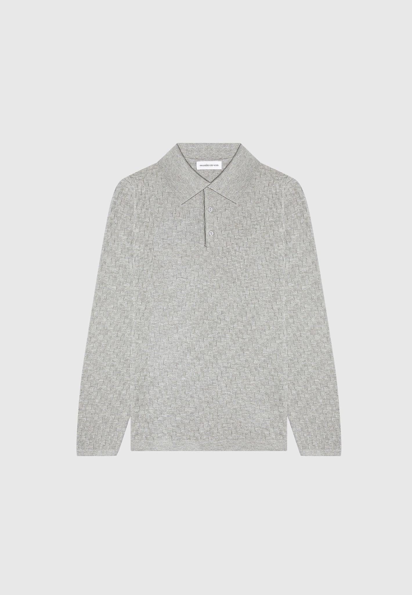 Cotton Blend Waffle Knit Long Sleeve Polo Top - Grey Male Product Image