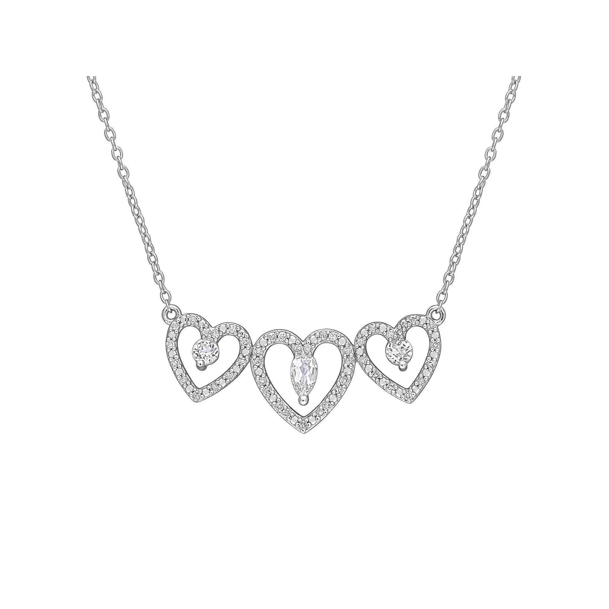 Stella Grace Sterling Silver White Topaz & 1/5 ct. T.W Diamond Triple Heart Necklace, Women's, Size: 18" Product Image