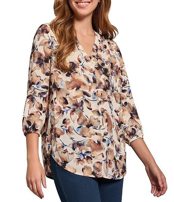 Jones New York Floral Printed Crepe De Chine V-Neck 3/4 Sleeve Tunic Product Image