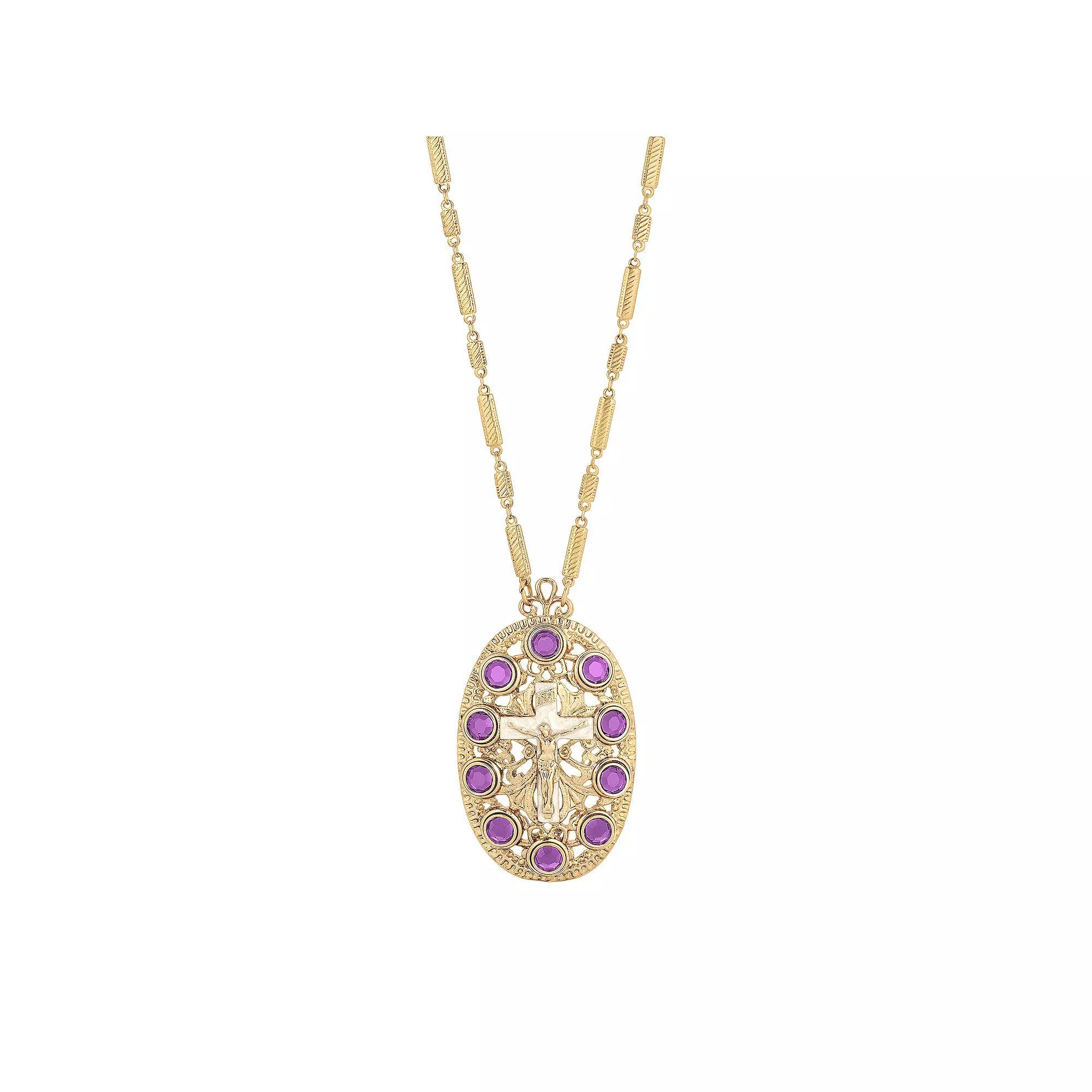1928 Gold Tone Oval Cross Crystal Accent Necklace, Womens Blue Product Image