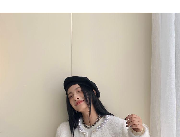 Round Neck Plain Beaded Faux Pearl Button Jacket Product Image