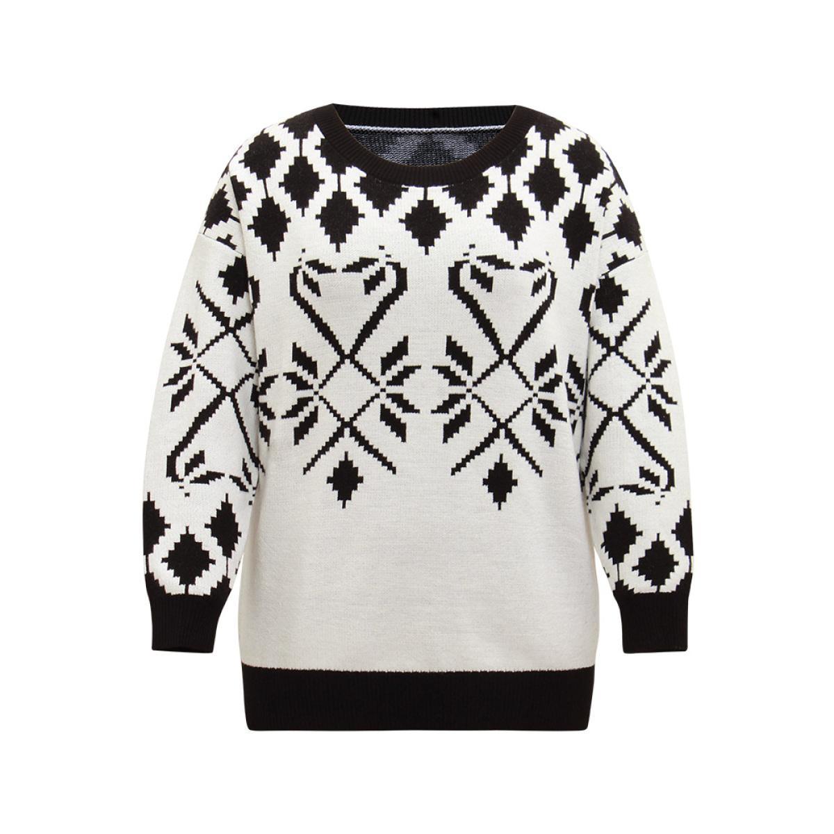 Plus Size Supersoft Essentials Geometric Jacquard Crew Neck Pullover Black Women Casual Loose Long Sleeve Round Neck Dailywear Pullovers BloomChic 22-24/3X Product Image