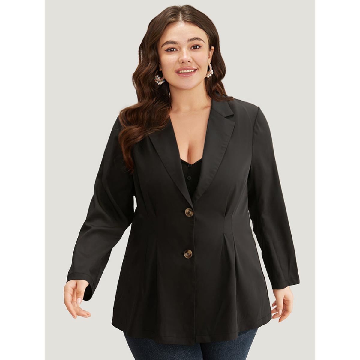 Plus Size Suit Collar Button Up Plicated Detail Blazer Black Women Dailywear Plain Plain Sleeve Long Sleeve Suit Collar 12/L Casual Blazers BloomChic Product Image