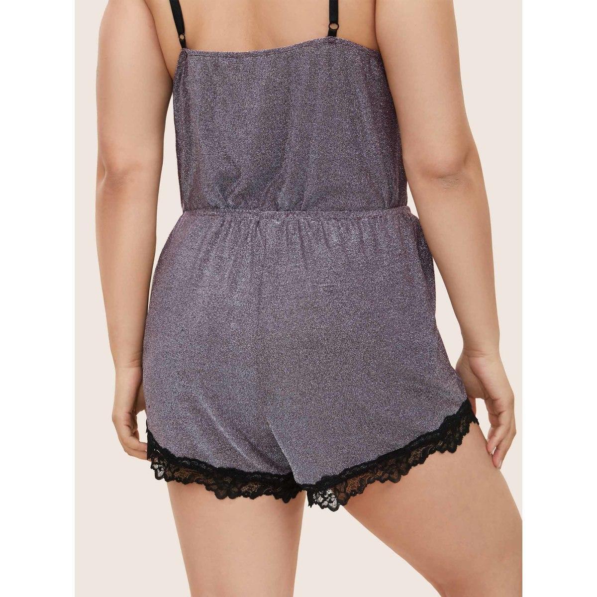 Plus Size Metallic Patchwork Bowknot Lace Panel Loungewear Set Women Purple Patchwork Sleeveless V-neck Lounge Loungewear Sets BloomChic 22-24/3X Product Image