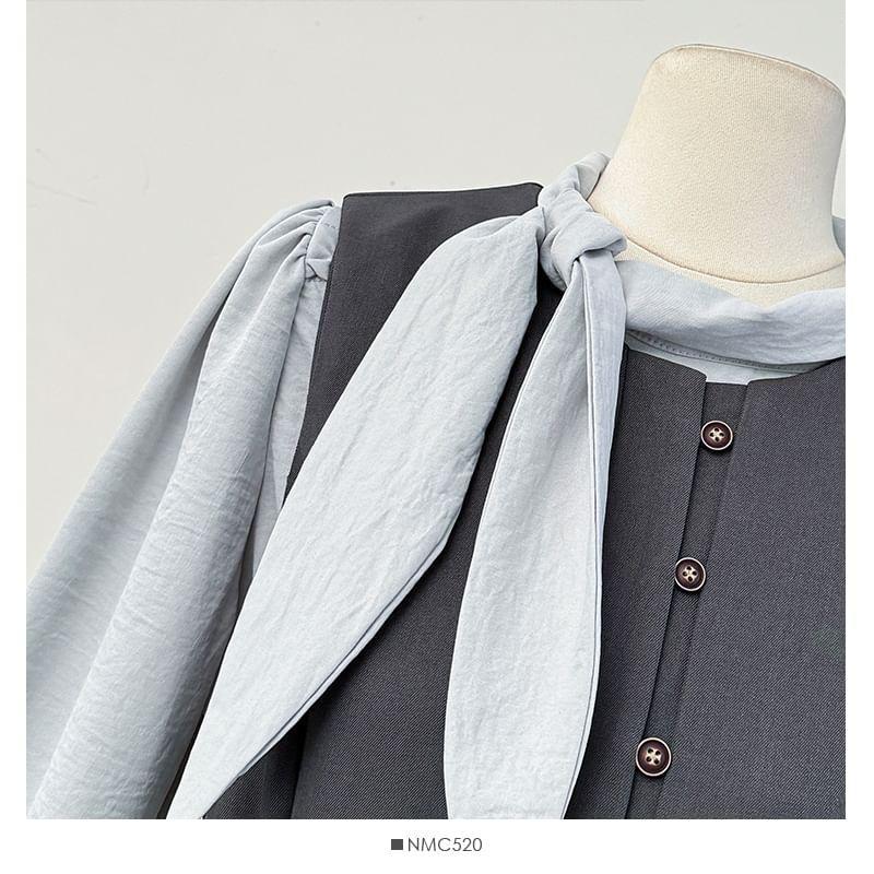 Set: Tie-Neck Loose Blouse + Sleeveless A-Line Dress Product Image