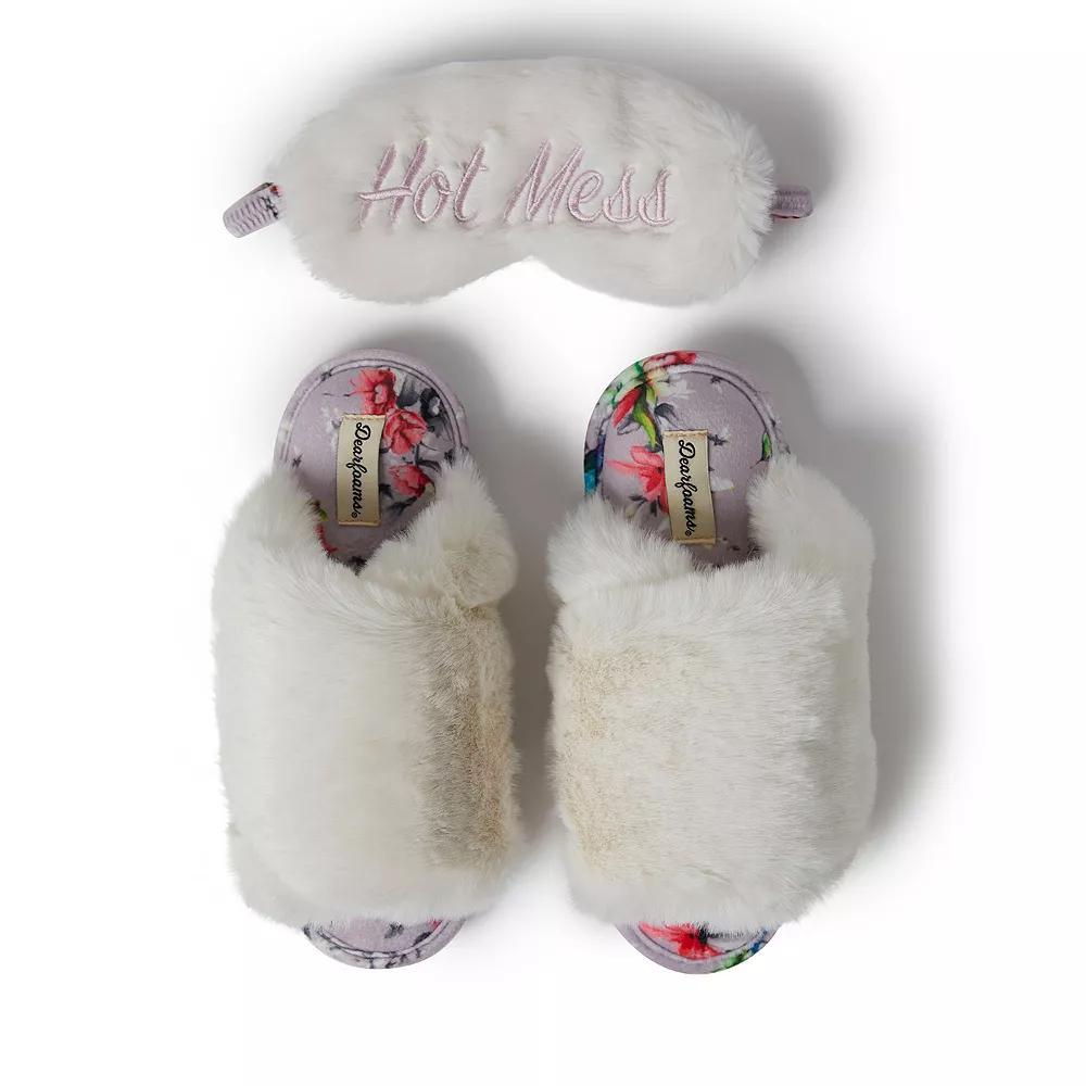 Dearfoams Louise Faux Fur Cross Band Womens Slide Slippers with Sleep Mask Product Image