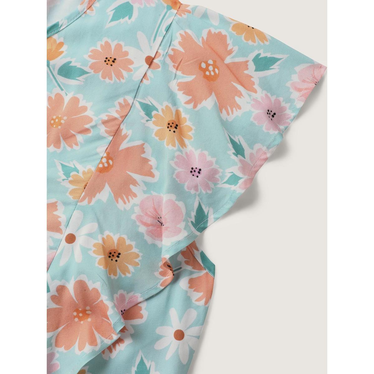 Plus Size Greenbean Floral Print Ruffled Sleeve Blouse Women Cap Sleeve Flat collar with V-notch Everyday-Casual Blouses BloomChic 10/M Product Image