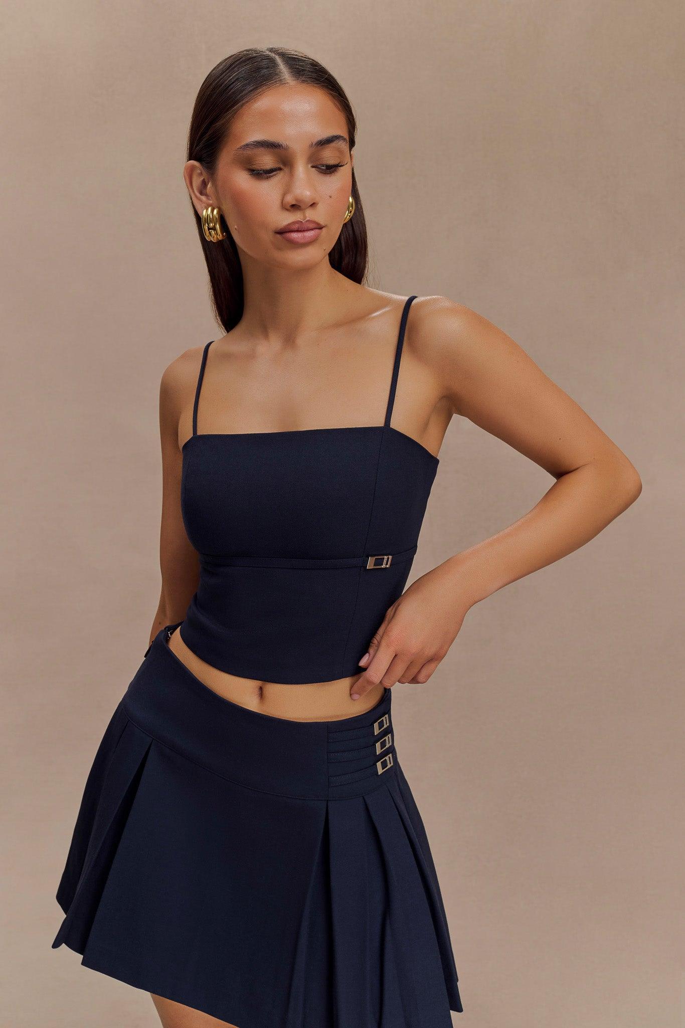Angie Pleated Buckle Mini Skirt - Dark Navy Product Image