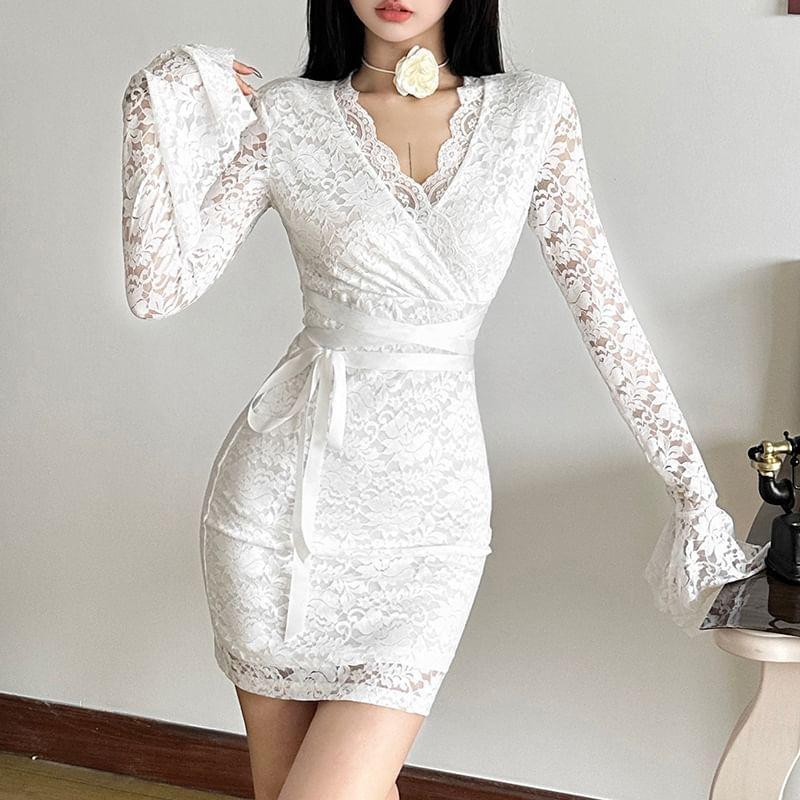Bell Sleeve V-Neck Plain Lace Panel Slim-Fit Mini Bodycon Dress Product Image