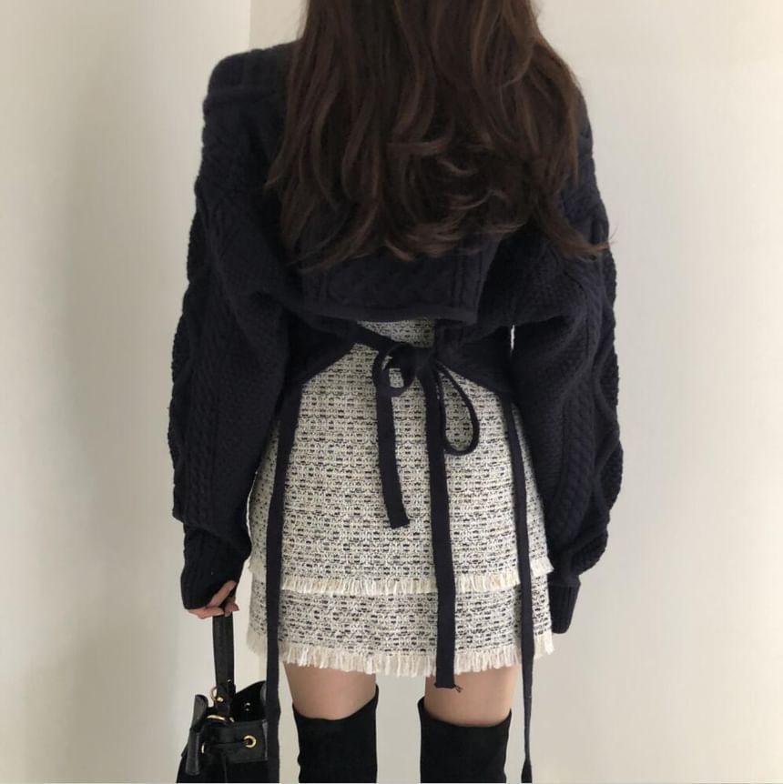 V-Neck Plain Cable Knit Tie Back Crop Sweater Product Image