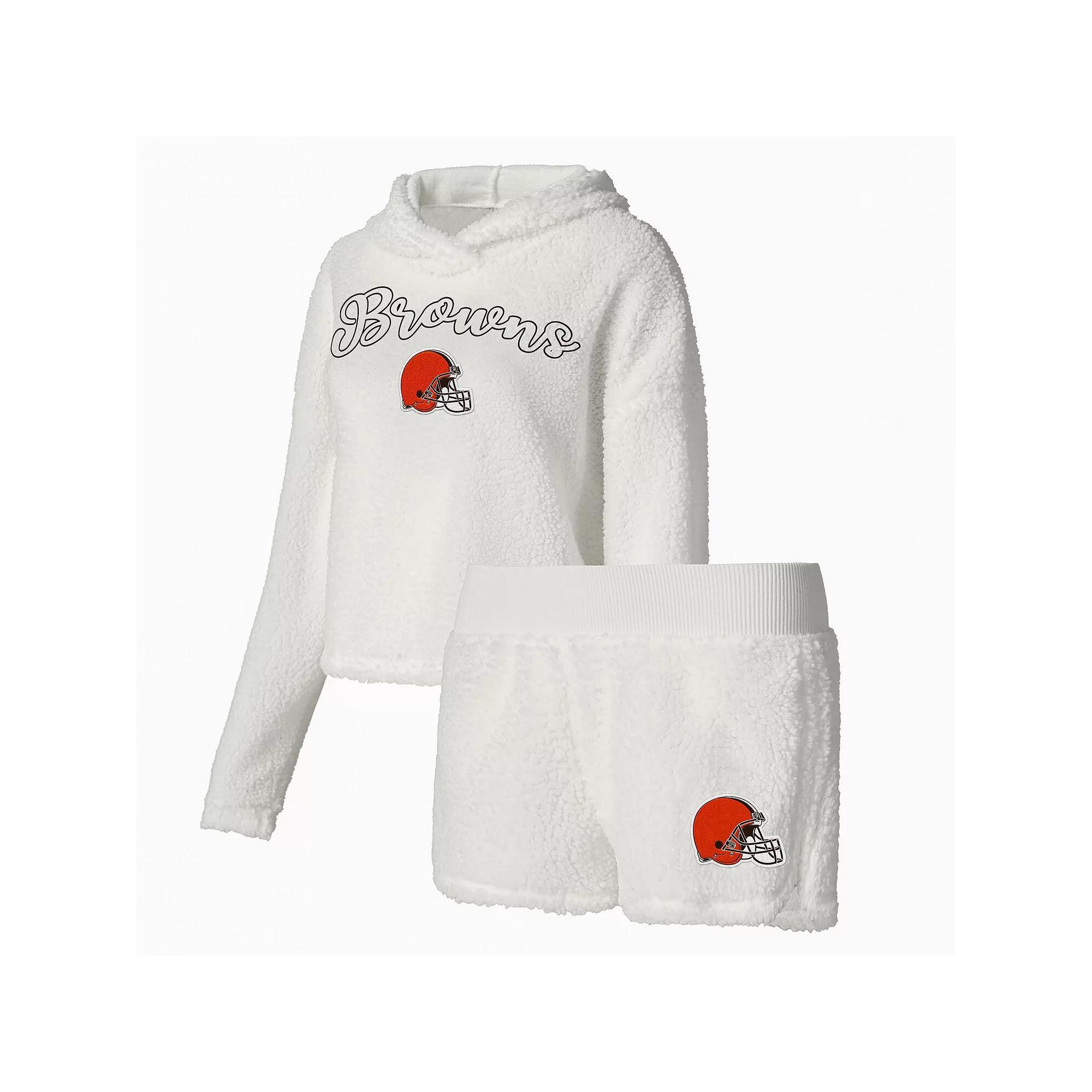 Women's Concepts Sport  White Cleveland Browns Fluffy Pullover Sweatshirt & Shorts Sleep Set, Size: Medium Product Image