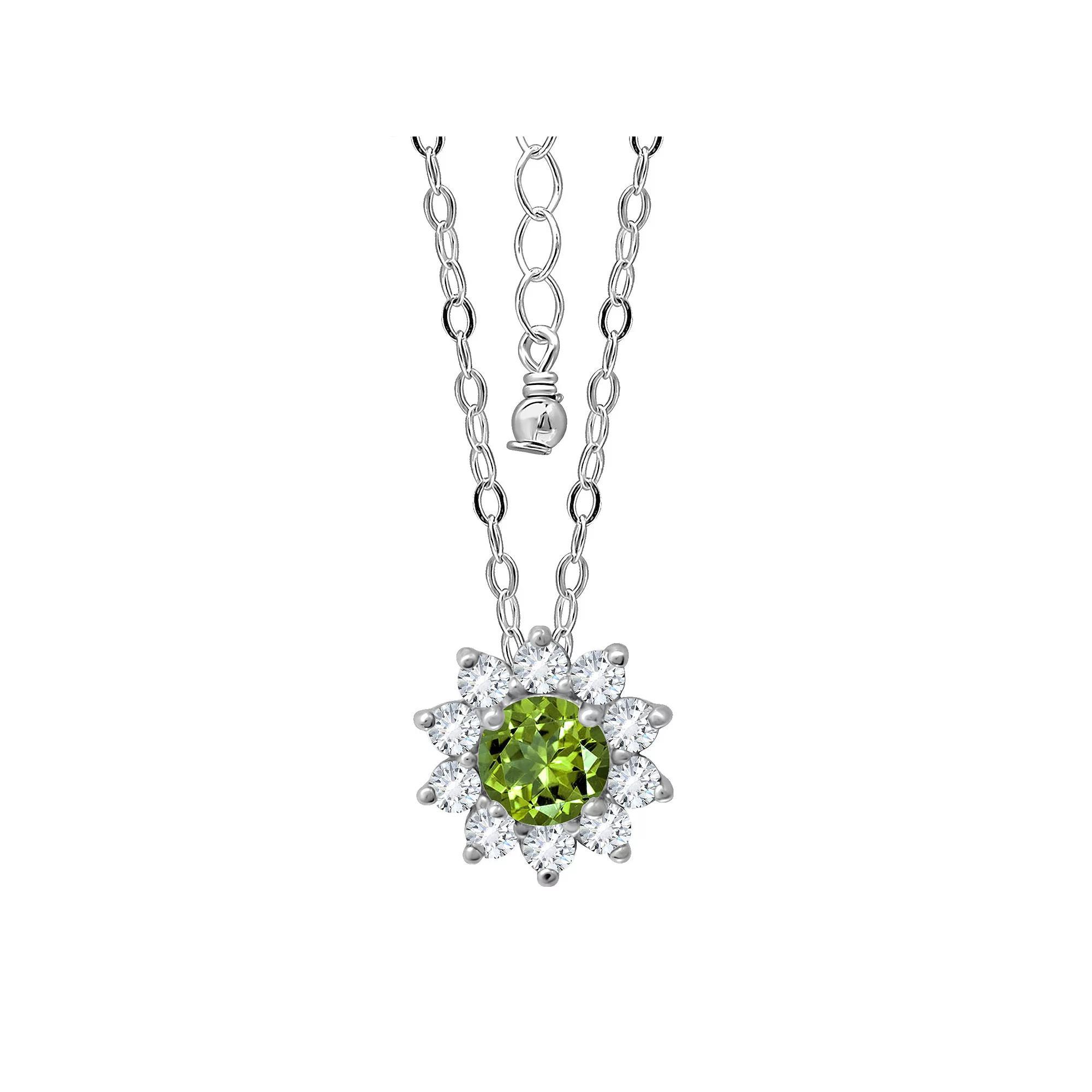 Aleure Precioso Sterling Silver Gemstone & White Topaz Halo Pendant Necklace, Women's, Size: 18", Silver Tone Green Product Image