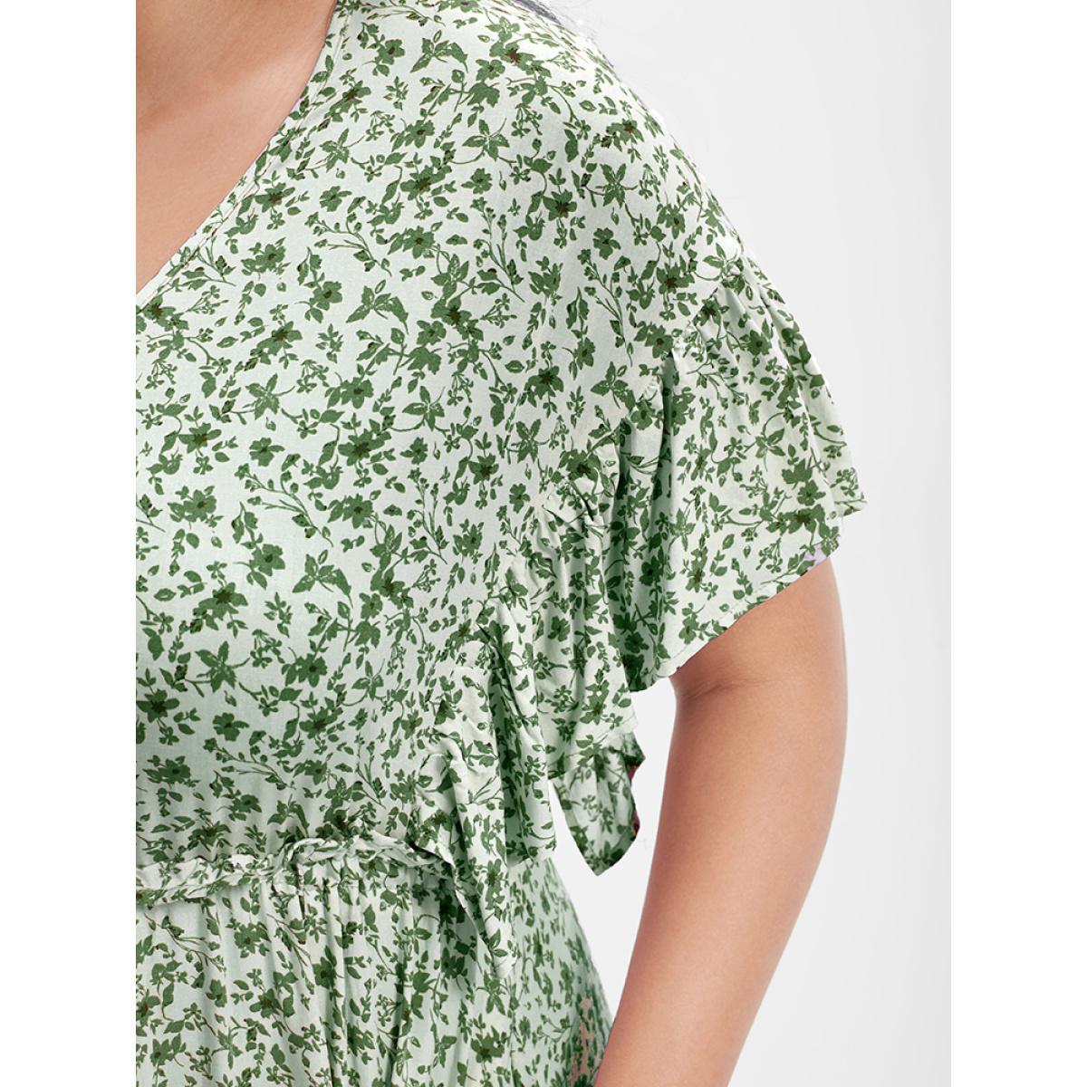 Plus Size Ditsy Floral Ruffles Pocket Button Split Maxi Dress LightGreen Women Elegant Printed V-neck Cap Sleeve Curvy Long Dress BloomChic 26/4X Product Image