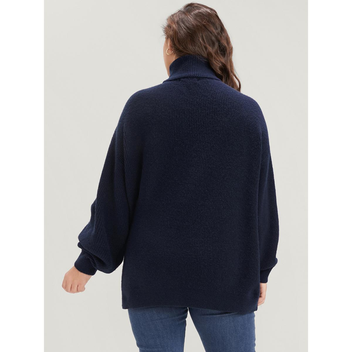 Plus Size Solid Rib Knit Lantern Sleeve Funnel Neck Sweater Midnight Women Elegant Loose Long Sleeve Turtleneck Dailywear Pullovers BloomChic 22-24/3X Product Image