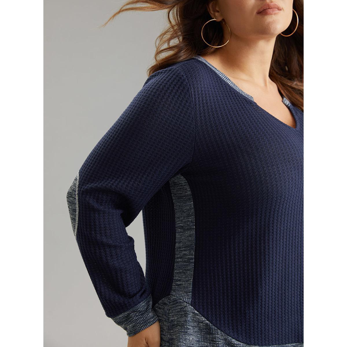 Plus Size Waffle Knit Two Tone Notched Patchwork T-shirt Navy Women Casual Waffle Knit Plain Notched collar Dailywear T-shirts BloomChic 26/4X Product Image