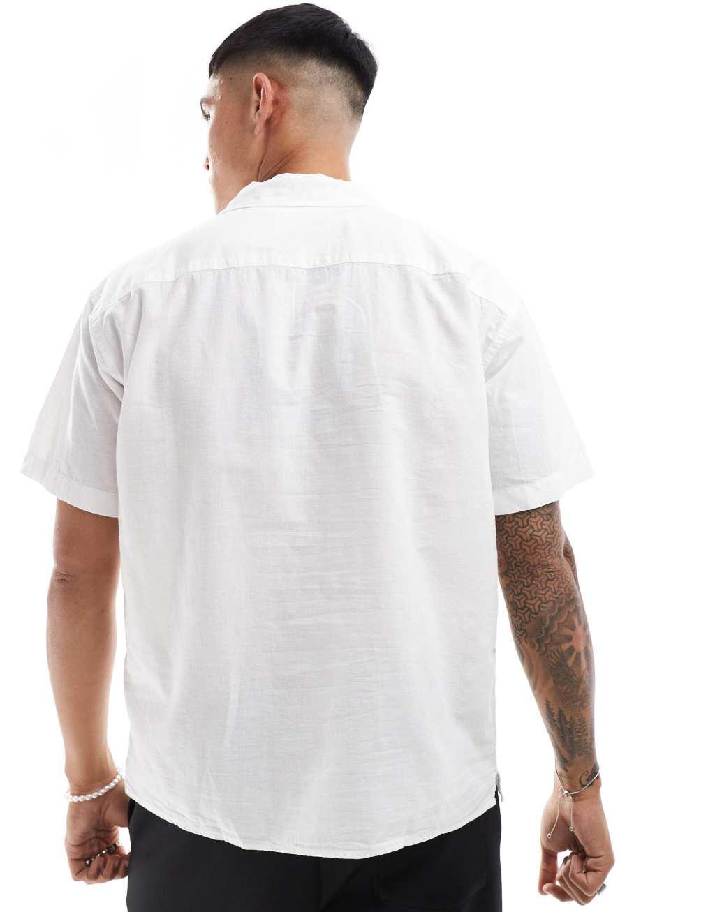 Jack & Jones linen shirt with revere collar in white Product Image