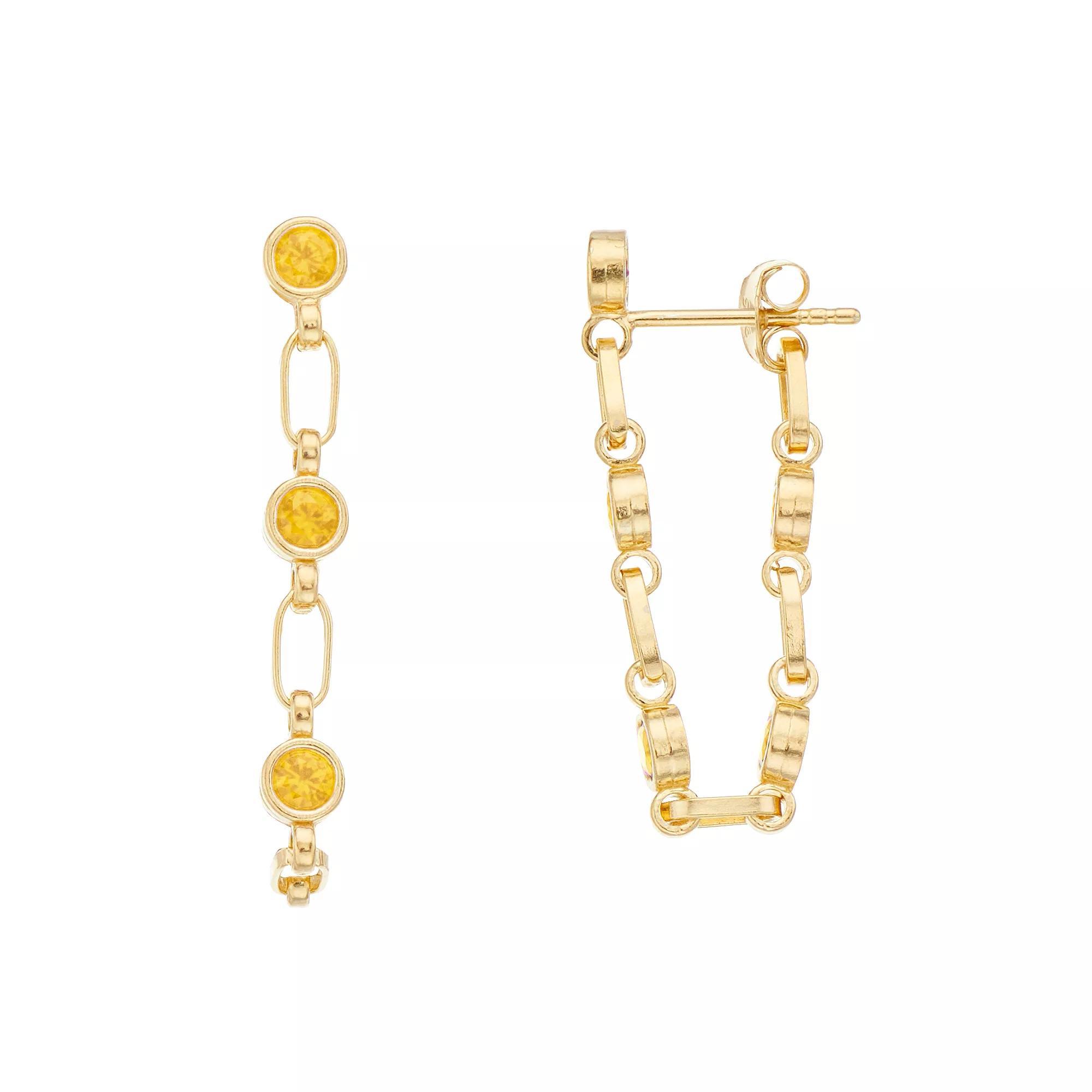Kristen Kesho Sterling Silver Lab-Created Yellow Sapphire Front-to-Back Chain Hoop Earrings, Womens, Gold Tone Product Image