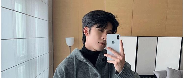 Plain Half-Buttoned Knit Hoodie Product Image