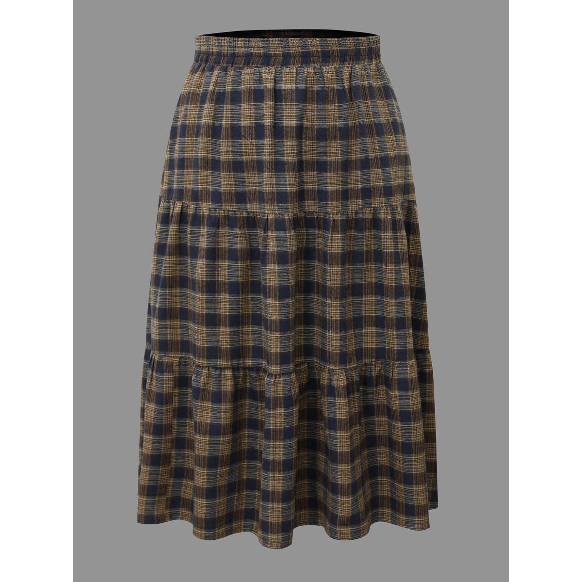 Plus Size Plaid Pattern Stretchy Waist Skirt Women Indigo Elegant Gathered No stretch Side seam pocket Everyday Skirts BloomChic 12/L Product Image