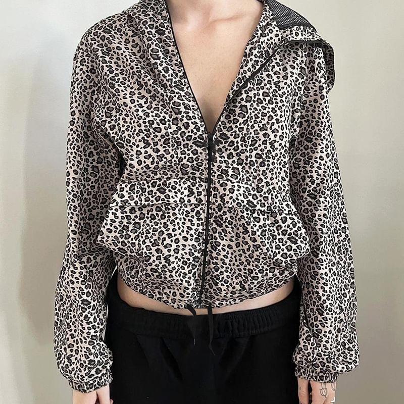 Long Sleeve Leopard Print Zip-Up Hooded Jacket Product Image
