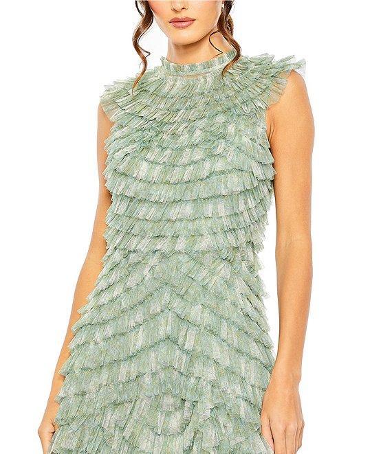 Mac Duggal Mock Neck Micro Ruffle Sleeveless Mesh Aline Midi Product Image