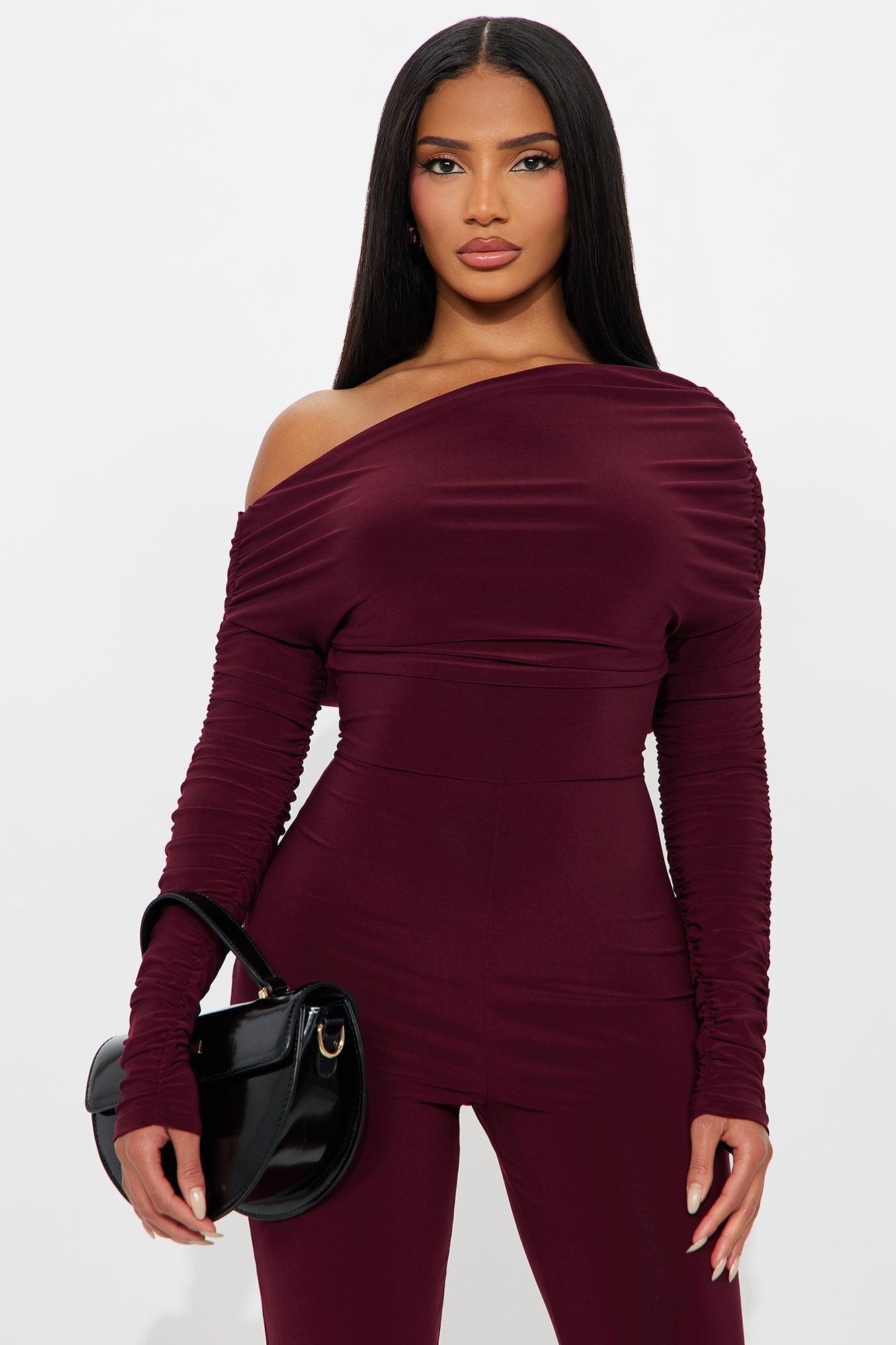 Evangeline Off Shoulder Flare Leg Jumpsuit - Plum Product Image
