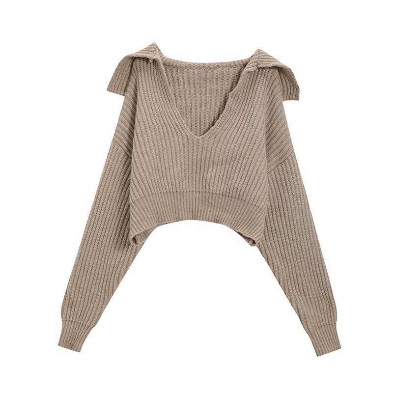 Mock Two-Piece Cold-Shoulder Plain Crop Sweater Product Image