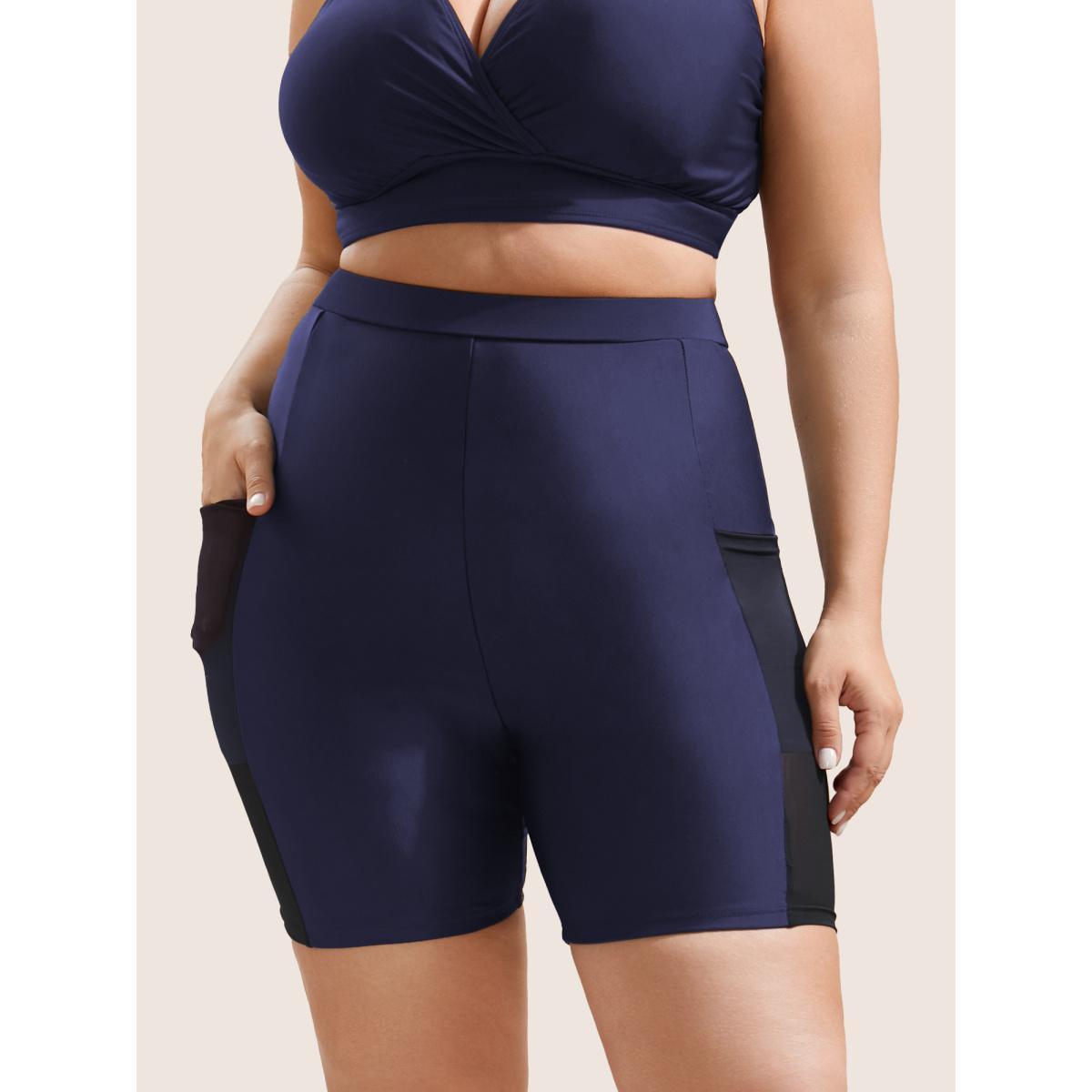 Plus Size Plain Mesh Patchwork Patched Pocket Swim Bottoms Women's Swimwear Indigo Beach See through High stretch Skinny High Rise Slanted pocket Curve Swim Bottoms BloomChic 10/M Product Image