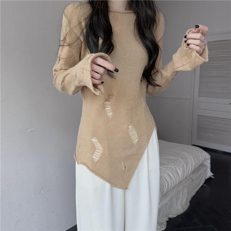 Long-Sleeve Boat Neck Plain Asymmetrical Distressed Knit Top Product Image