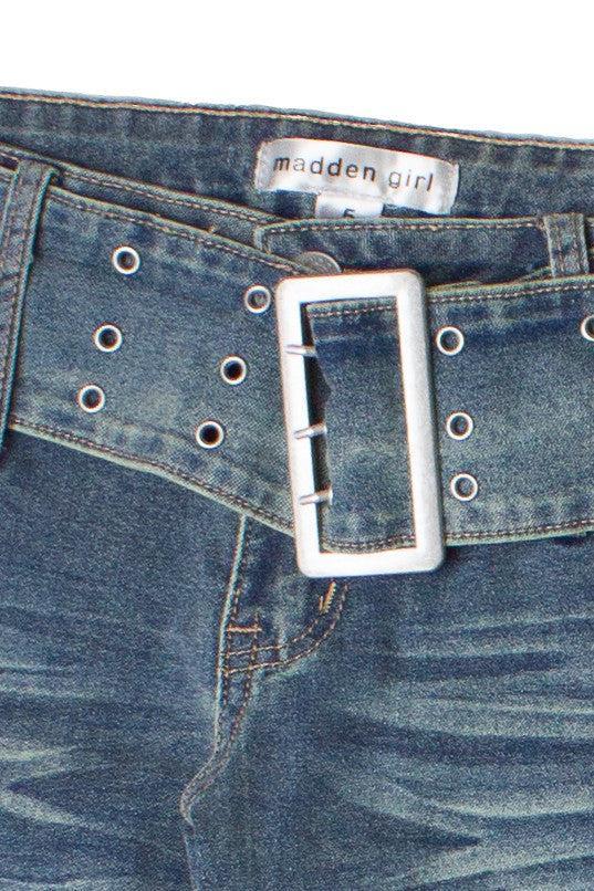 Grunge Wash Belted Flare Jeans Product Image