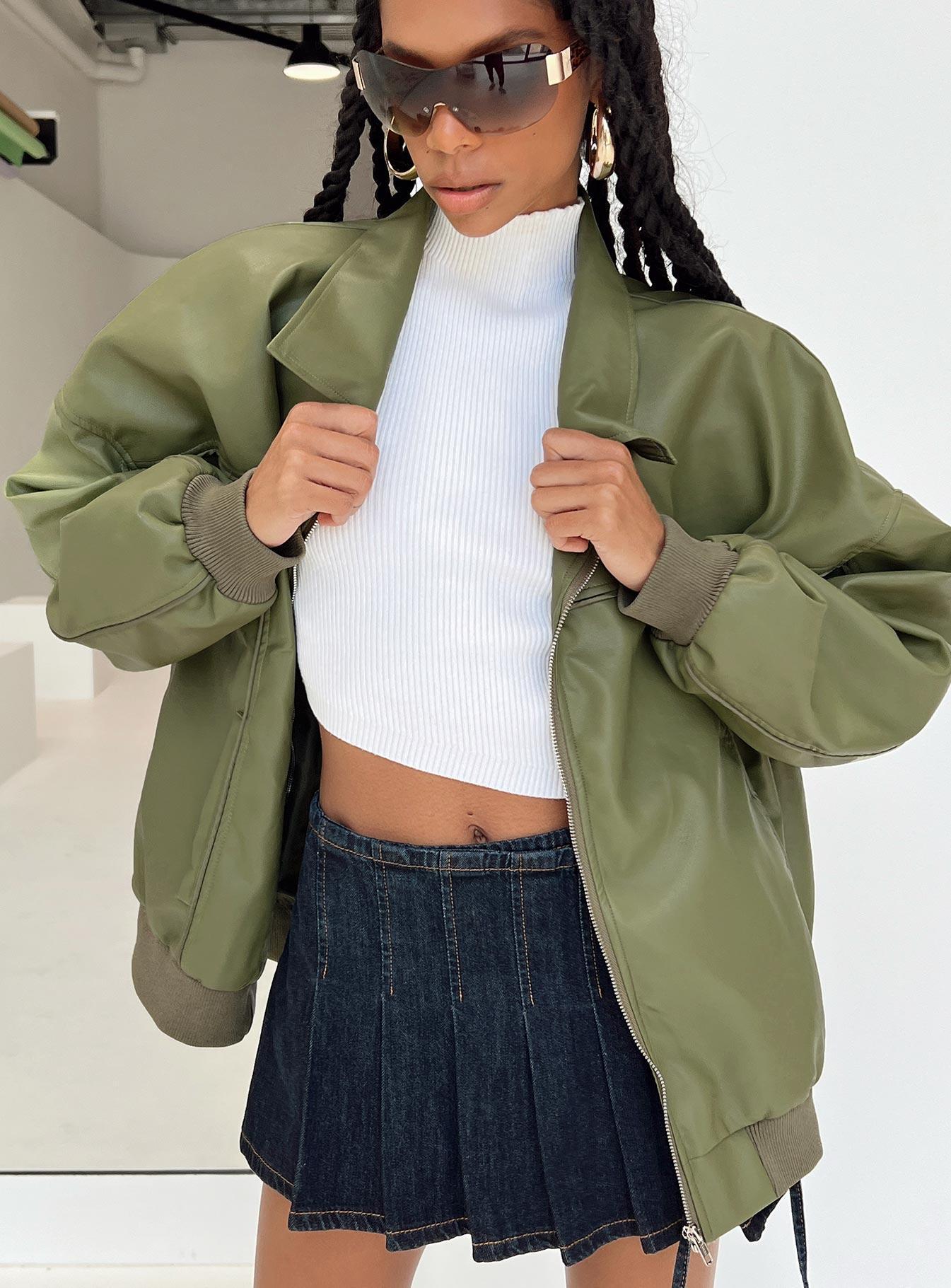 Goldsmith Faux Leather Bomber Jacket Green Product Image
