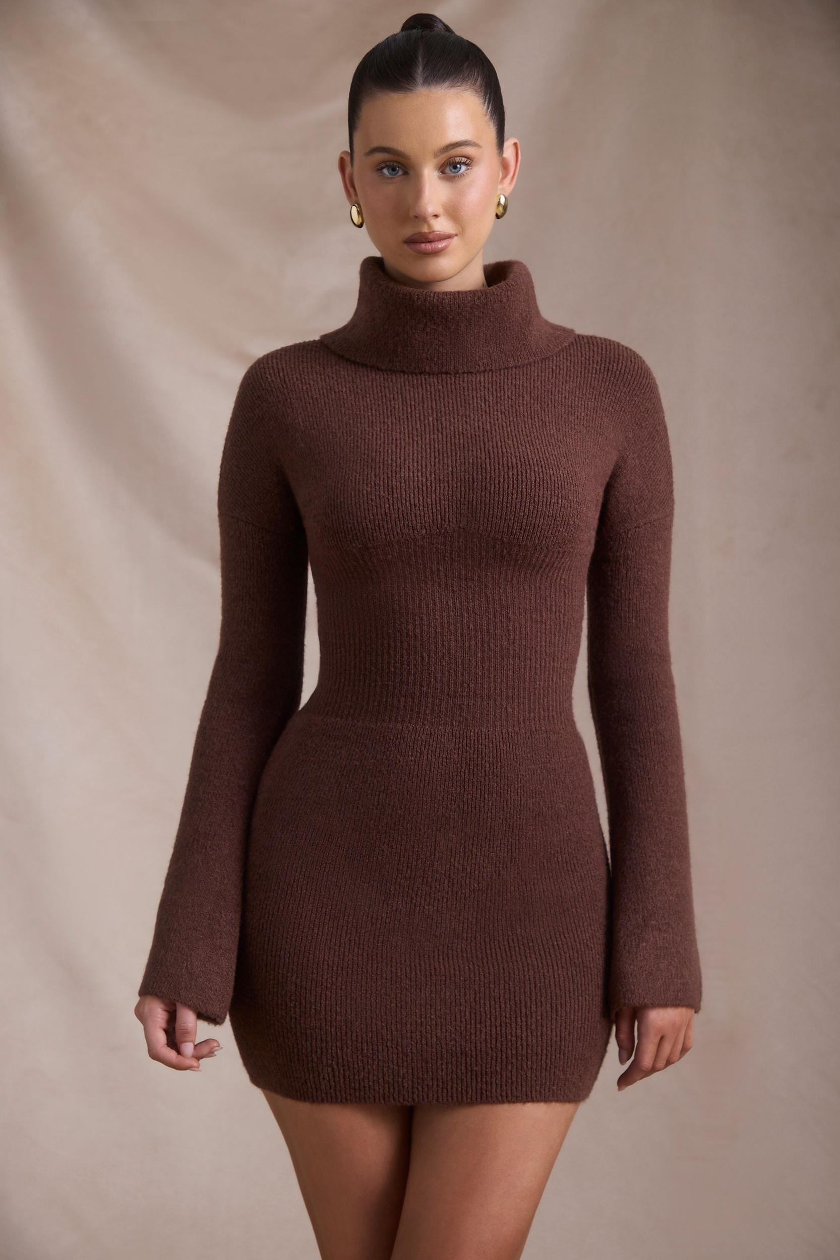 Ribbed-Knit Turtleneck Mini Jumper Dress in Espresso Product Image