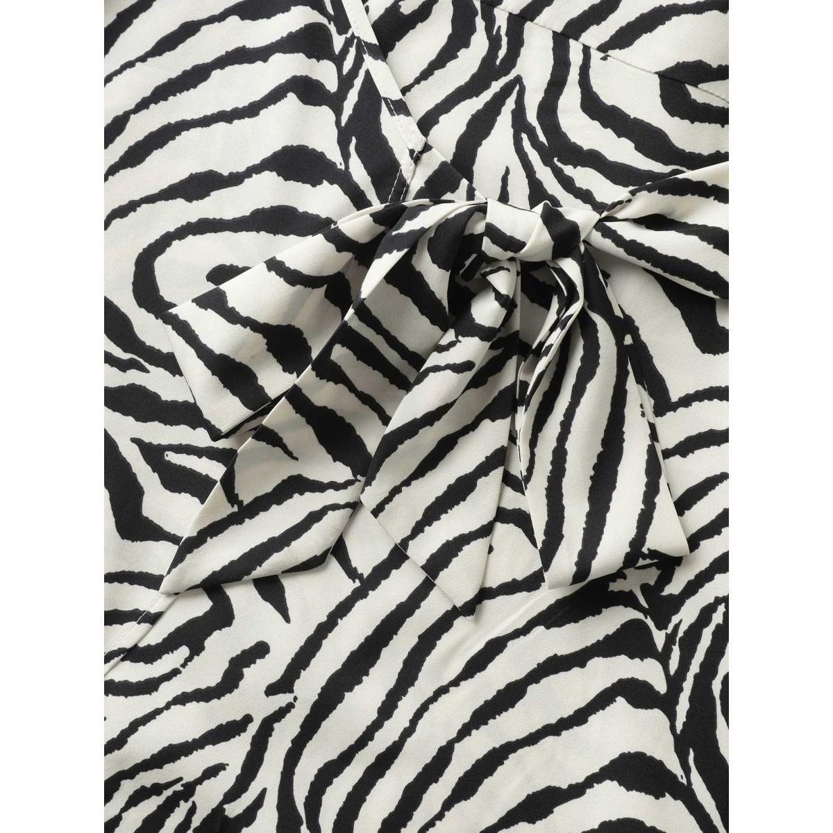 Plus Size Originalwhite Zebra Print Wrap Tie Flowy Blouse Women Short sleeve Overlap Collar Work Blouses BloomChic 14-16/1X Product Image