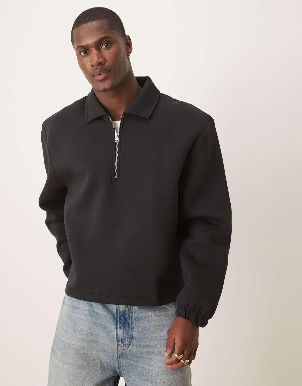 ASOS DESIGN oversized boxy quarter zip rugby scuba sweatshirt in black Product Image