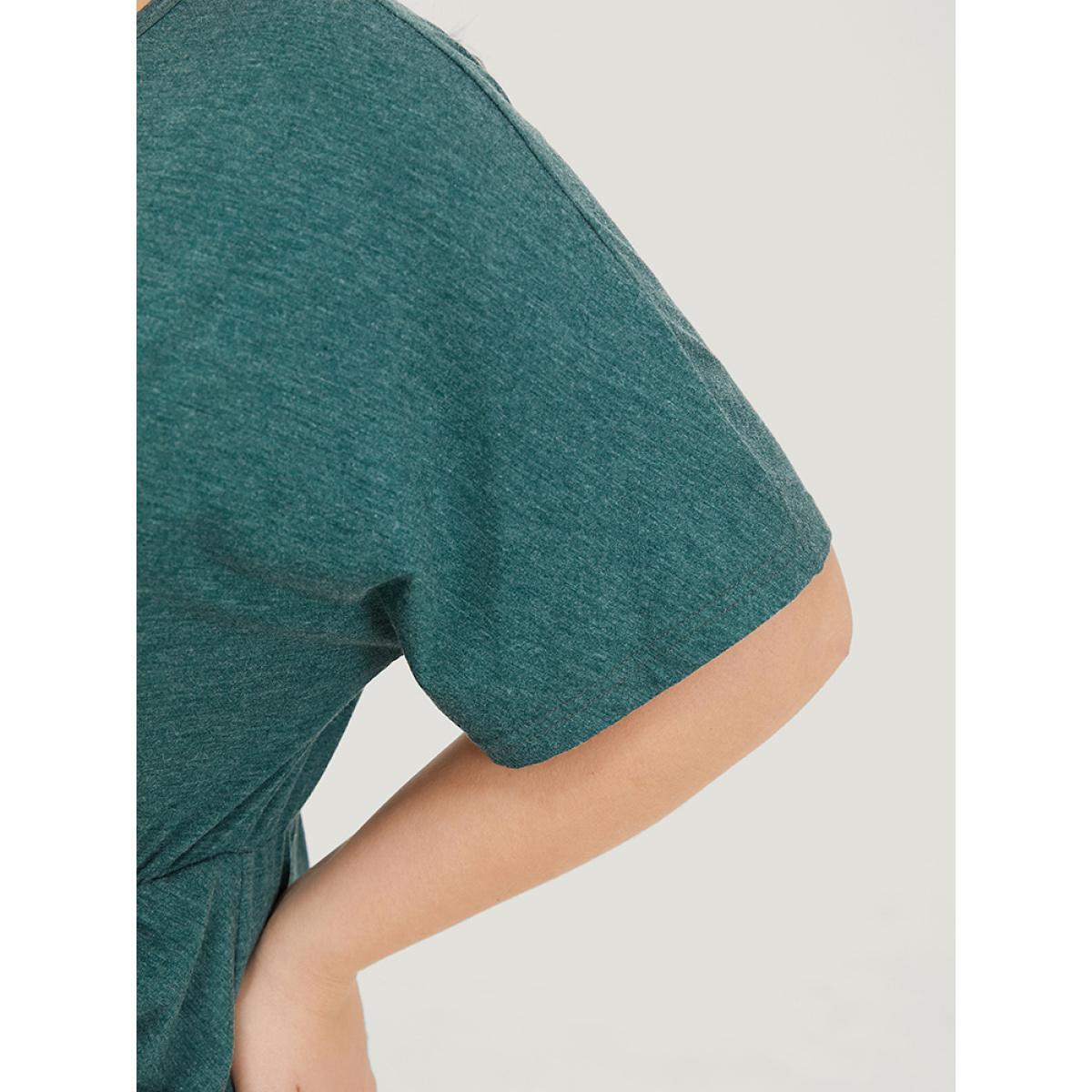 Plus Size Solid Ruched Drawstring Hem Bodycon Dress Cyan Women Elegant Ruched Round Neck Short sleeve Curvy Short Dress BloomChic 22-24/3X Product Image