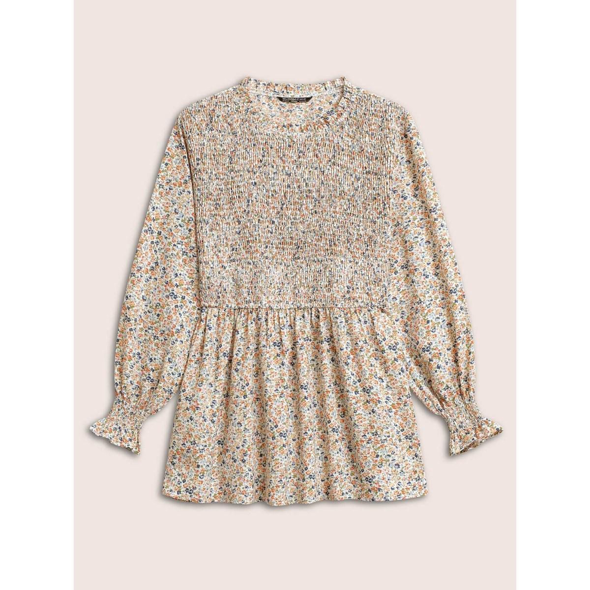 Plus Size Multicolor Ditsy Floral Shirred Elastic Waist Puff Sleeve Blouse Women Elegant Long Sleeve Round Neck Dailywear Blouses BloomChic 26/4X Product Image
