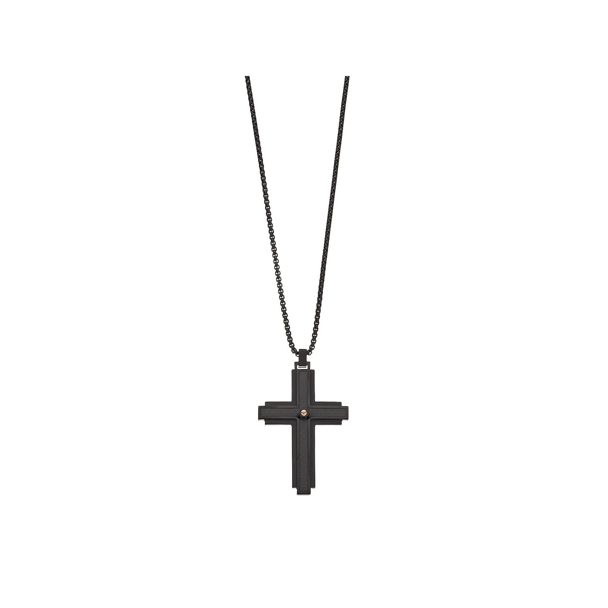 LYNX Men's Black Stainless Steel & Carbon Fiber Cross Pendant Necklace, Size: 24" Product Image