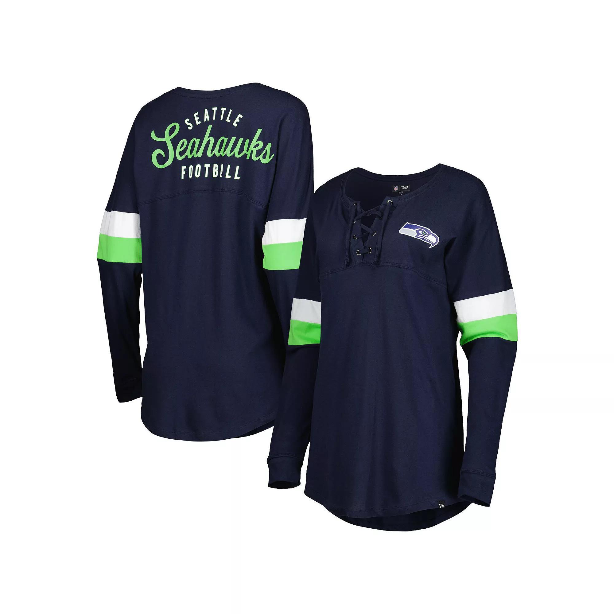 Women's New Era College Navy Seattle Seahawks Athletic Varsity Lace-Up Long Sleeve T-Shirt, Size: Small, Blue Product Image