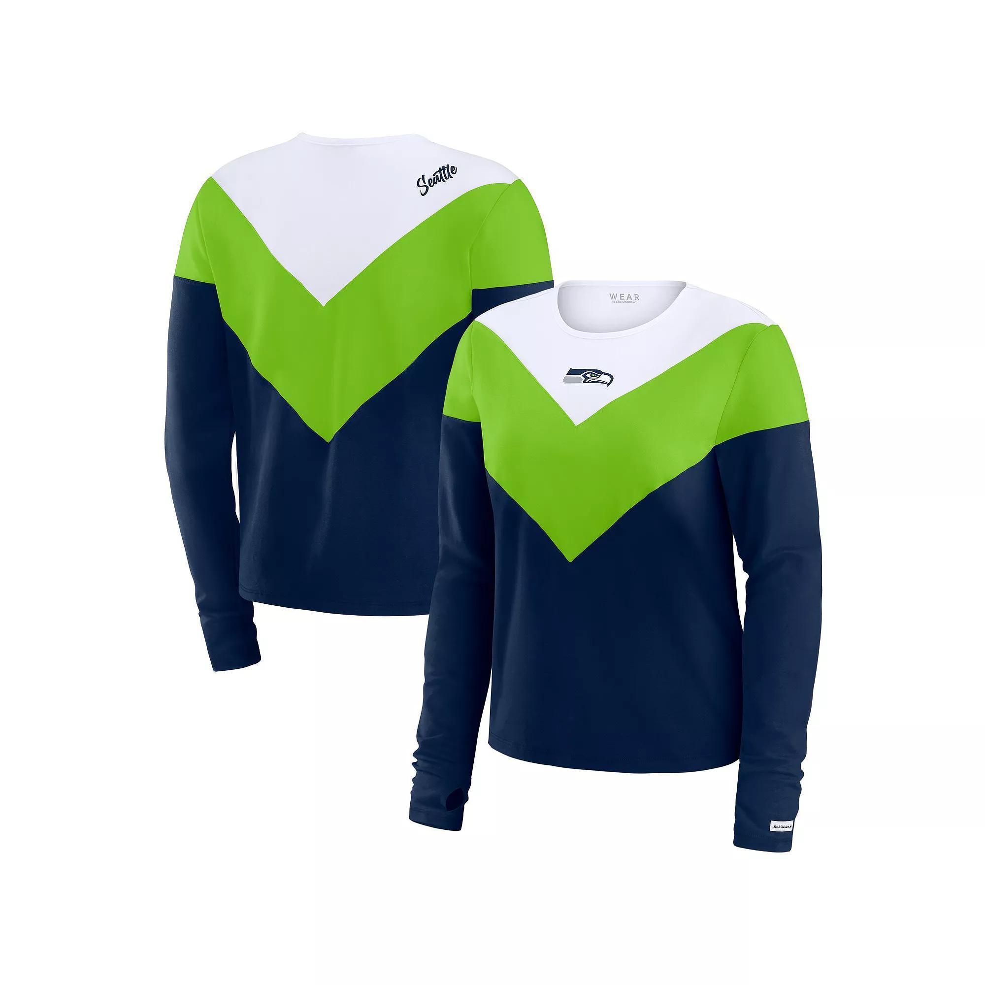 Women's WEAR by Erin Andrews College Navy/Neon Green Seattle Seahawks Plus Size Chevron Tri-Blend Long Sleeve T-Shirt, Size: 1XL, Team Product Image