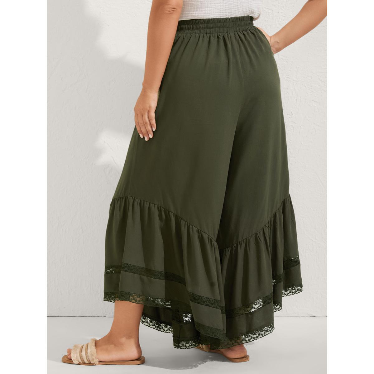 Plus Size Ruffled Lace Hem Wide-Leg Pants Women ArmyGreen Loose Mid Rise Vacation Pants BloomChic 28/5X Product Image