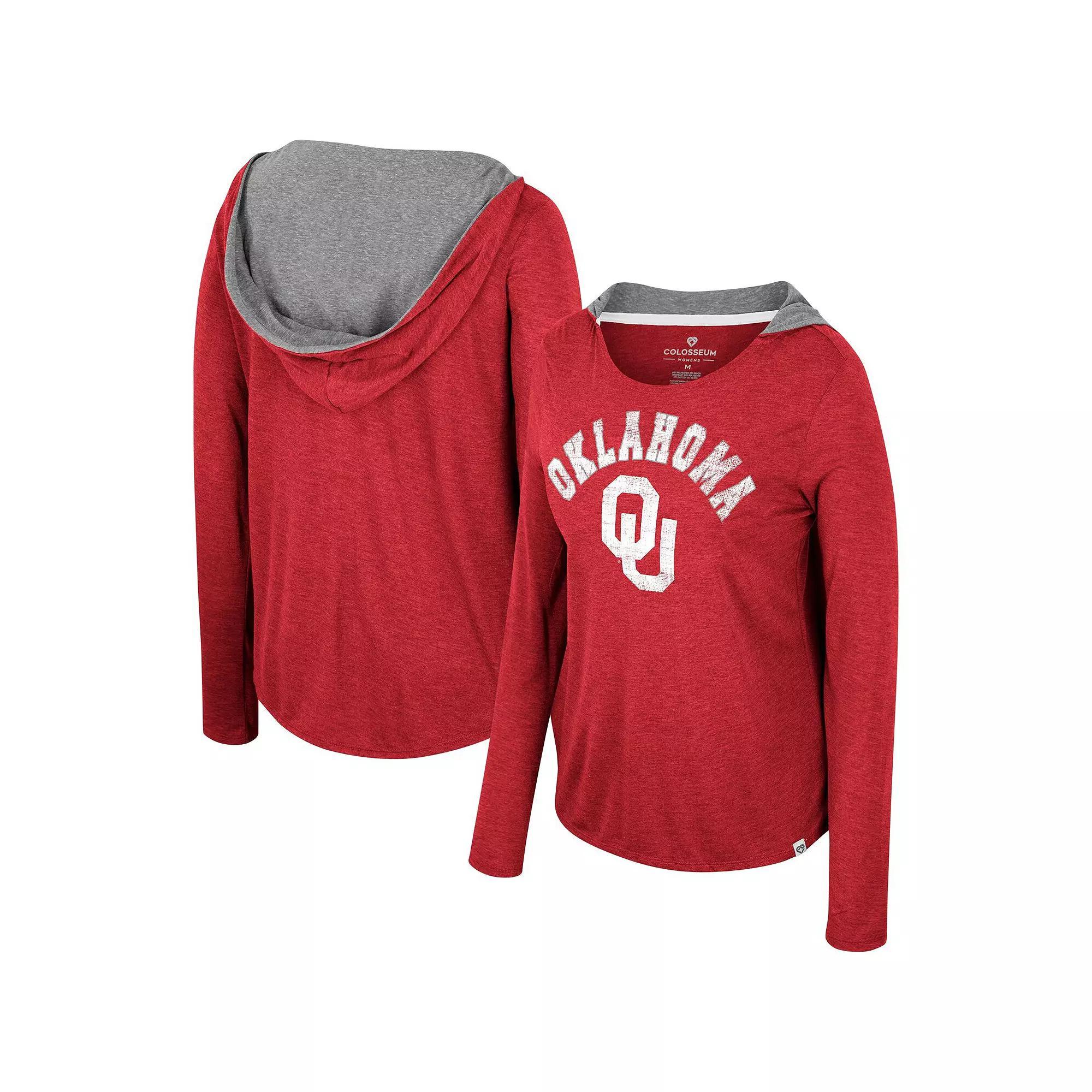 Women's Colosseum  Crimson Oklahoma Sooners Distressed Heather Long Sleeve Hoodie T-Shirt, Size: Medium, Red Product Image