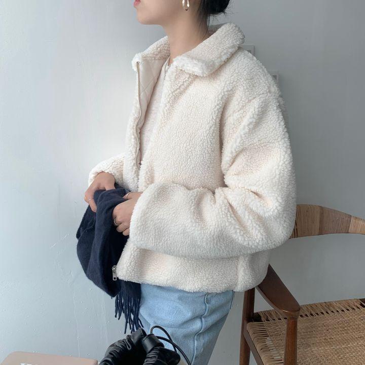 Collar Plain Fleece Zip Jacket Product Image